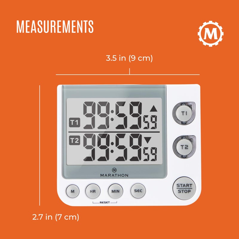 Marathon 100 Hour Dual Digital Timer, White - Large, Easy-to-Read LCD Display - Loud Ring Alarm - 2 AAA Batteries Included - Image 3